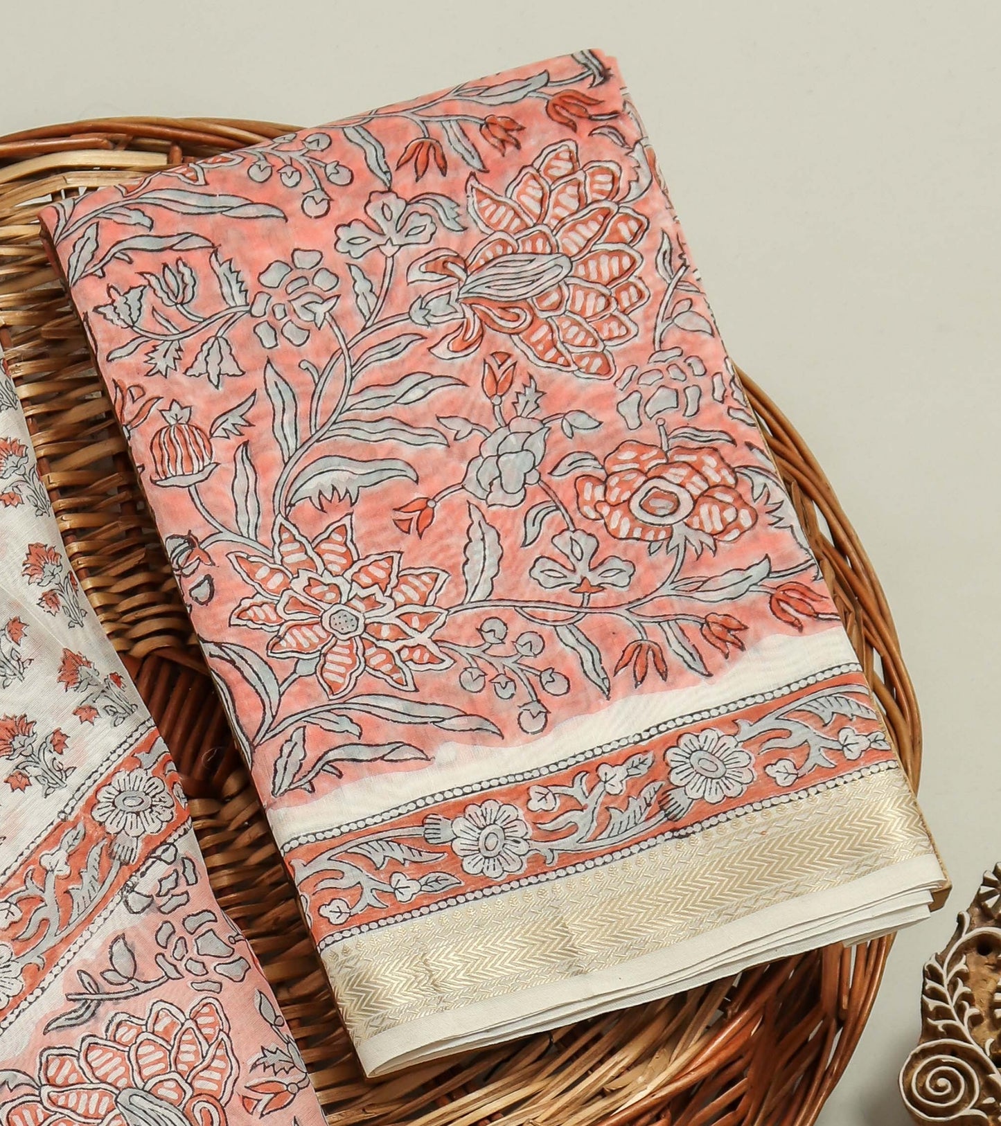 Hand Block Printed Maheshwari Silk Suit with Maheshwari Silk Dupatta