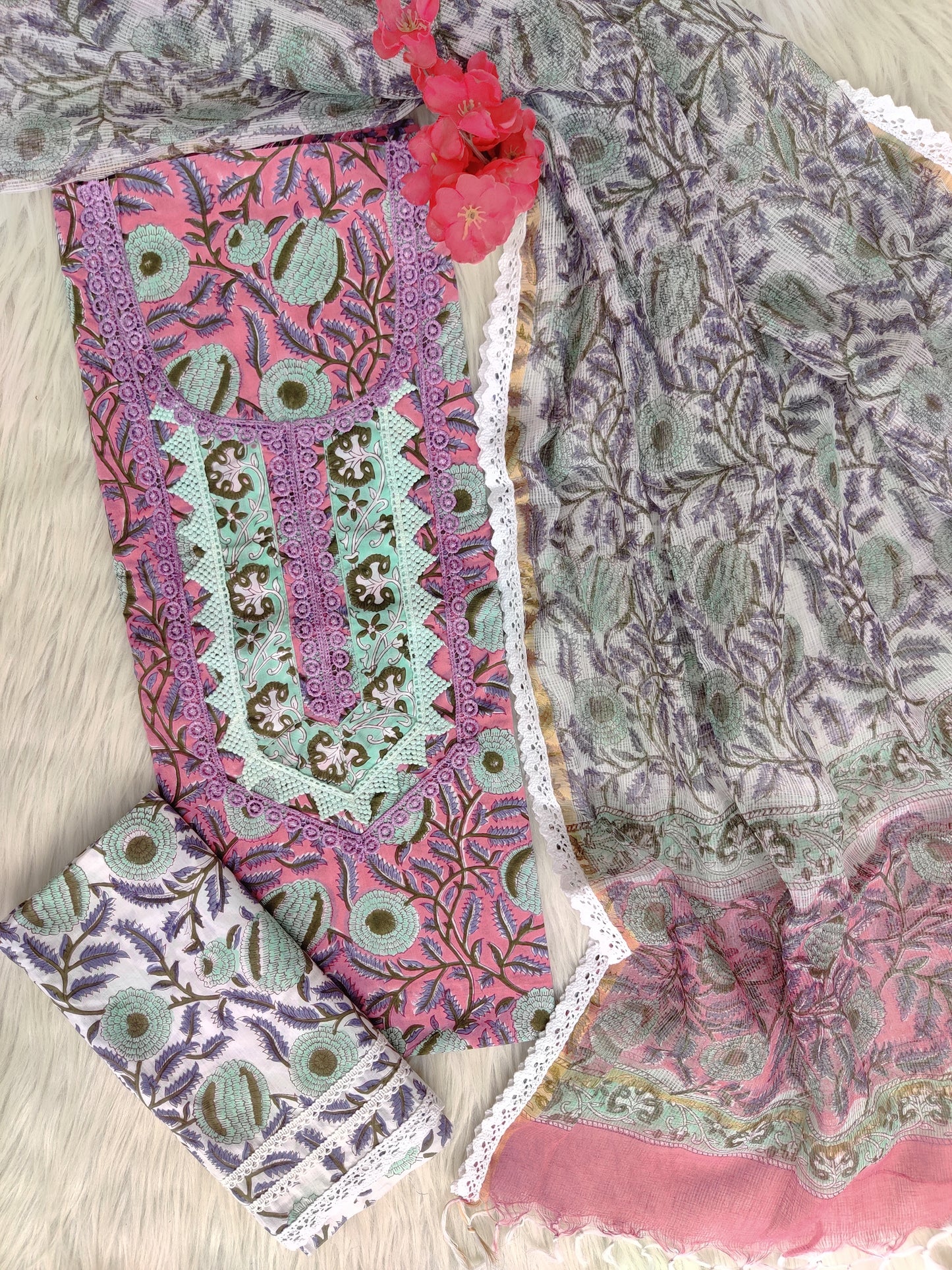 HAND BLOCK PRINTED CROCHET WORK SUITS WITH KOTA DORIA DUPATTA