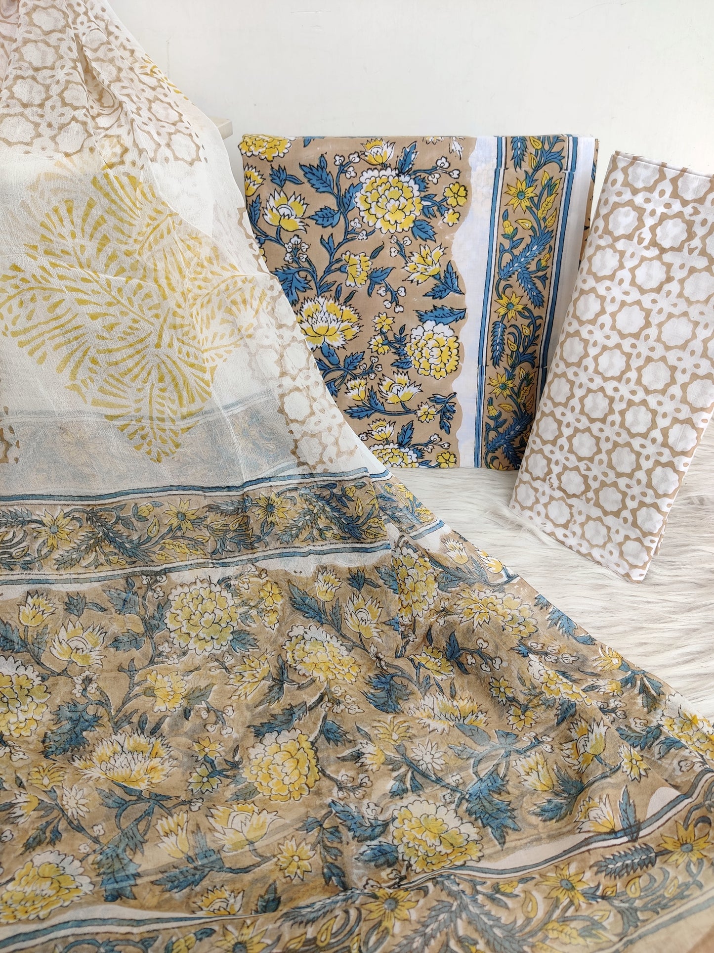 HAND BLOCK PRINTED COTTON SUIT WITH PURE CHIFFON DUPATTA