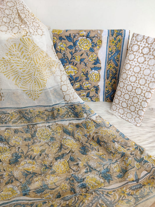 HAND BLOCK PRINTED COTTON SUIT WITH PURE CHIFFON DUPATTA