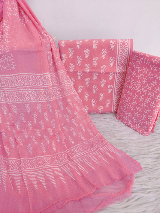 HAND BLOCK PRINTED COTTON SUIT WITH PURE CHIFFON DUPATTA