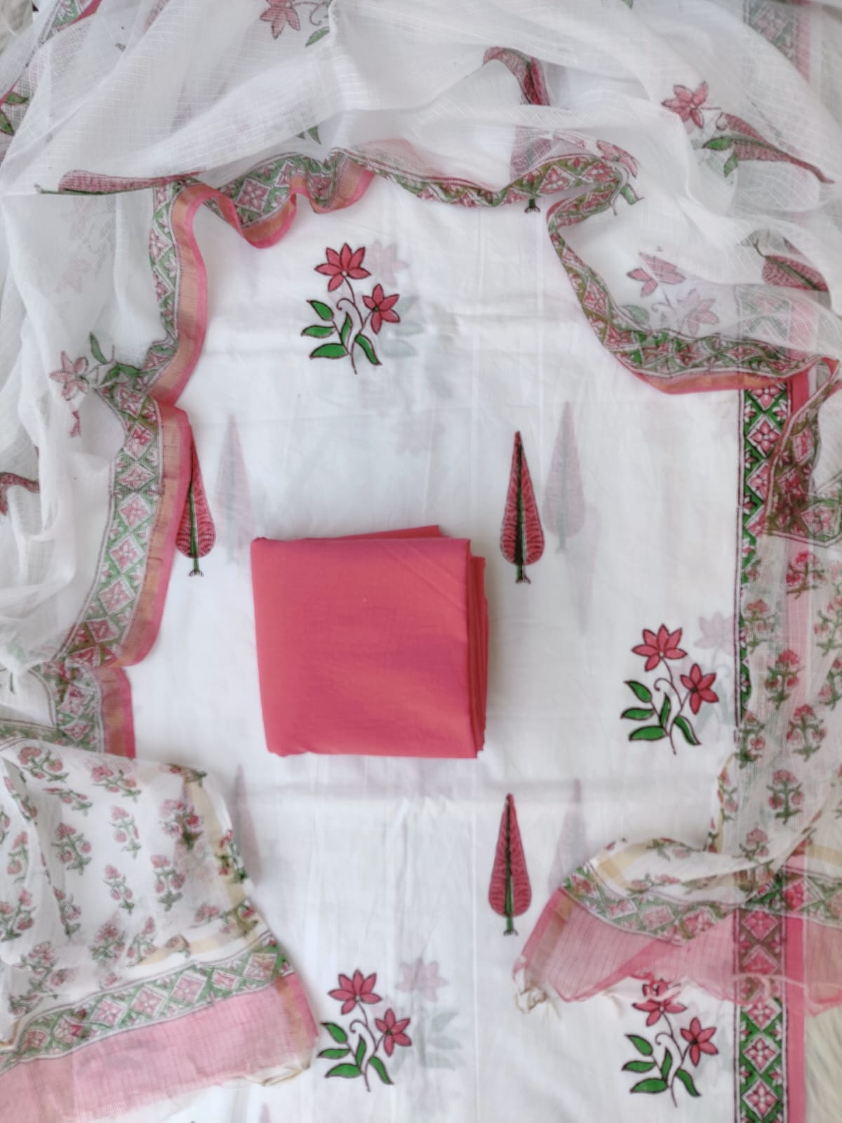 Hand Block Printed Cotton Suit with Cotton Kota Doria dupatta