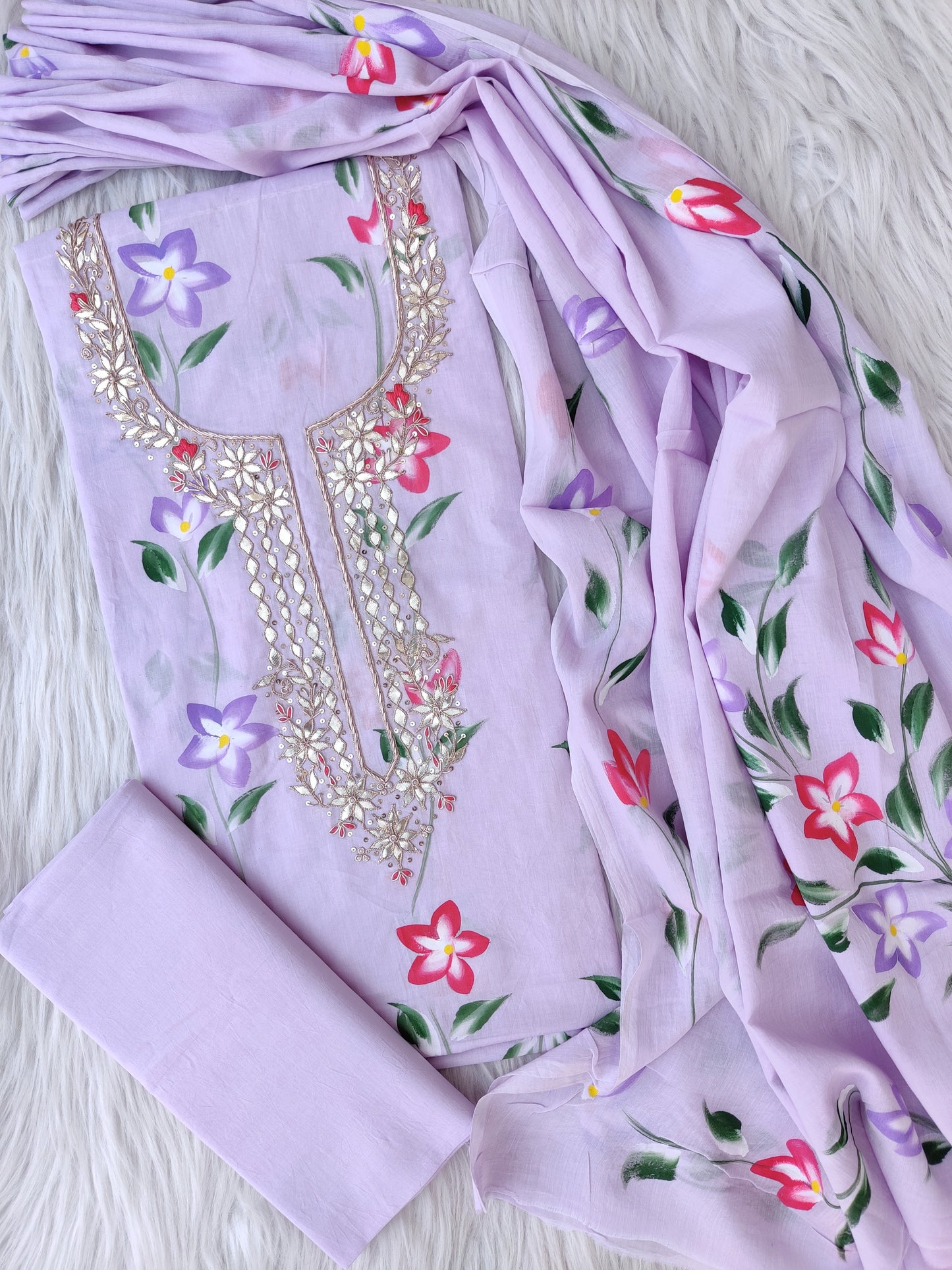 FLORAL PRINTED COTTON GOTA PATTI SUIT WITH COTTON DUPATTA0
