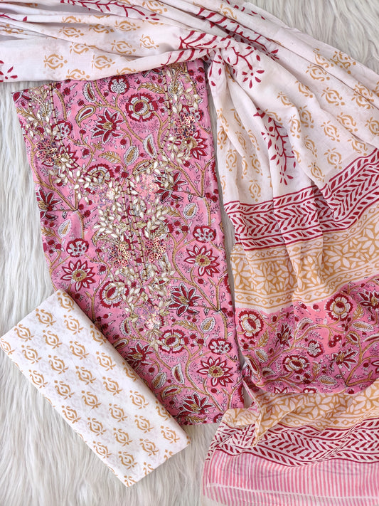 FLORAL PRINTED COTTON GOTA PATTI SUIT WITH COTTON DUPATTA