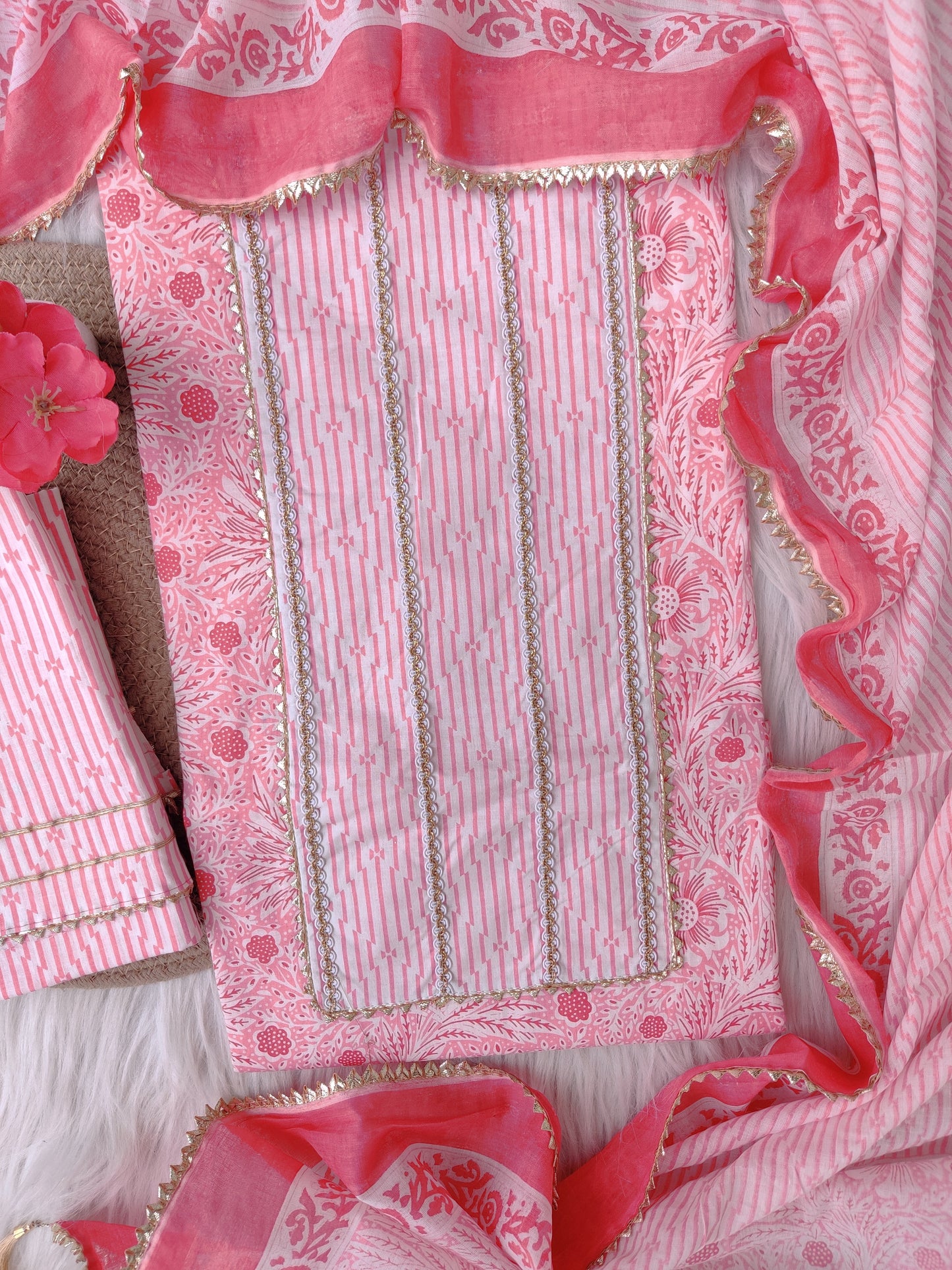 Cotton Printed Neck Work Suits with mulmul dupatta
