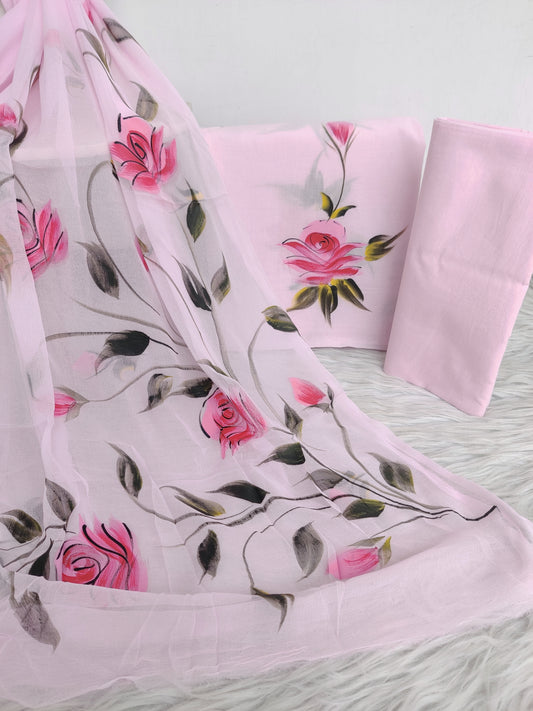 HAND PAINTED COTTON SUIT WITH PURE CHIFFON DUPATTA
