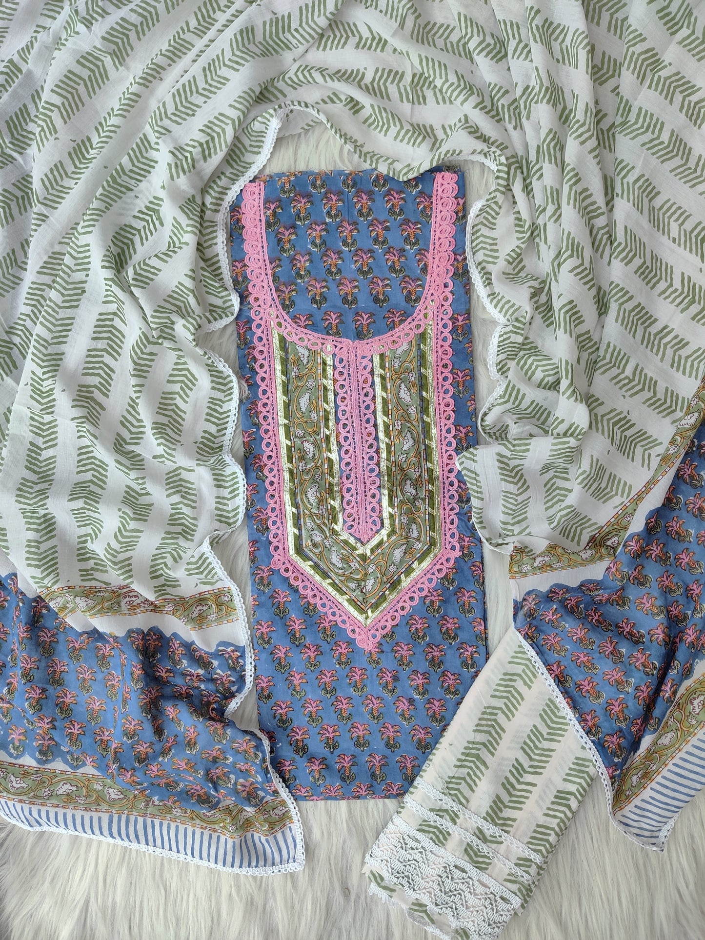 HAND BLOCK PRINTED CROCHET WORK SUITS WITH MULMUL DUPATTA
