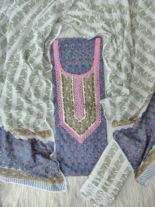 HAND BLOCK PRINTED CROCHET WORK SUITS WITH MULMUL DUPATTA