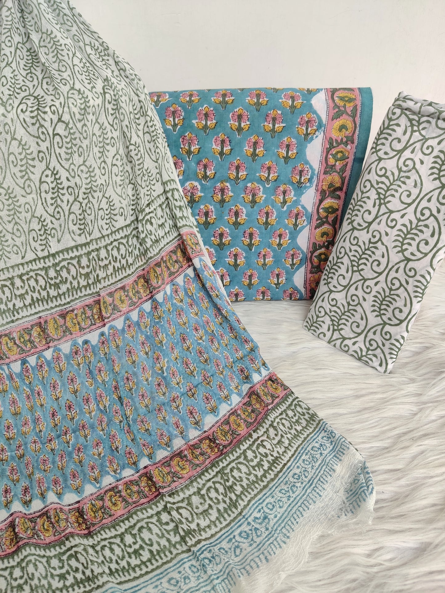 HAND BLOCK PRINTED COTTON SUIT WITH PURE CHIFFON DUPATTA