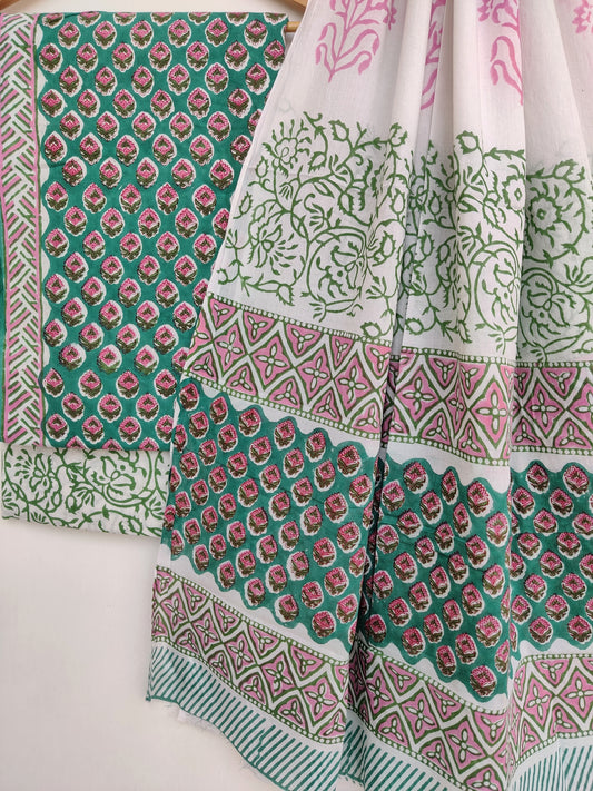 Cotton Block Printed Cotton Suit with mulmul cotton Dupatta