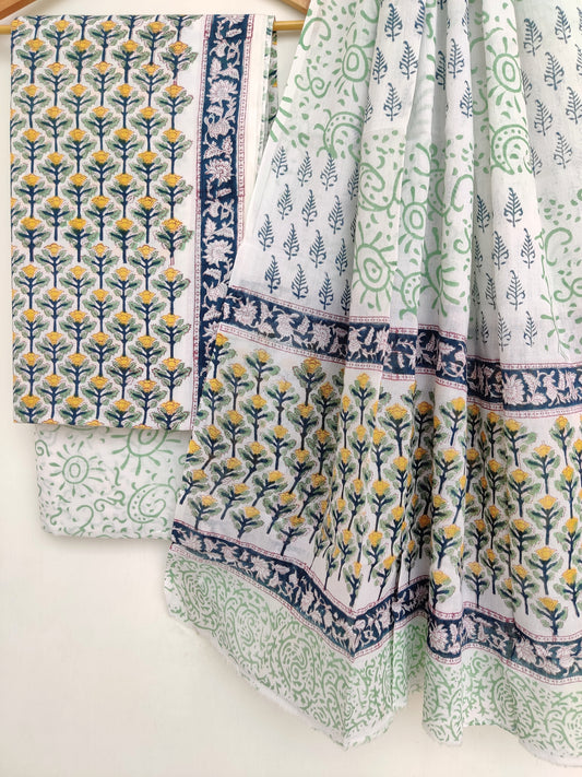 Hand Block Printed Cotton Suit With Mulmul Cotton Dupatta