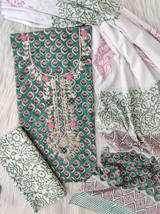 FLORAL PRINTED COTTON GOTA PATTI SUIT WITH COTTON DUPATTA