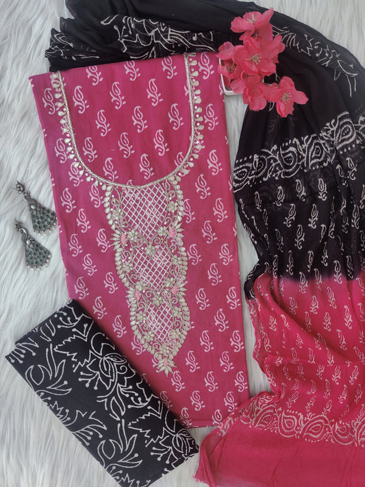 FLORAL PRINTED COTTON GOTA PATTI SUIT WITH CHIFFON DUPATTA