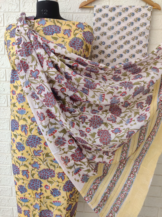 Hand Block Printed Cotton Suit with Cotton dupatta