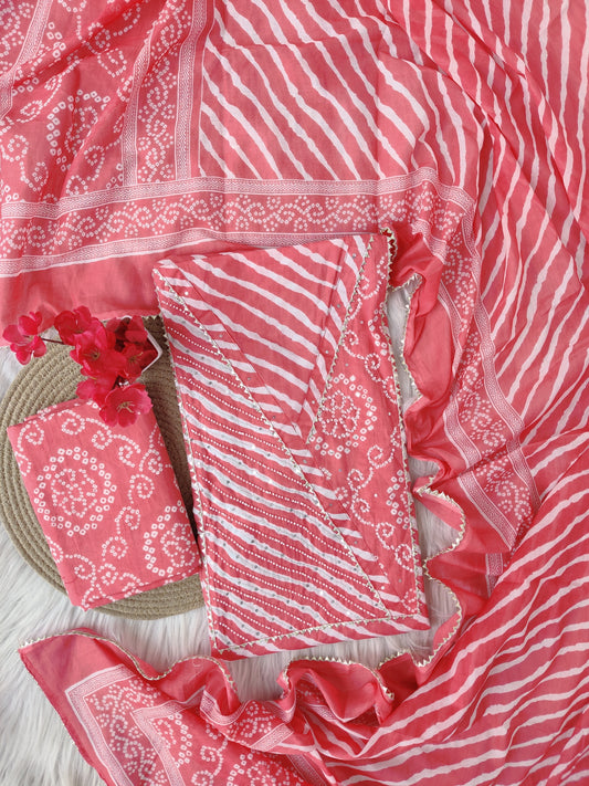 (LEHRIYA) Cotton Printed Neck Work Suits with mulmul dupatta