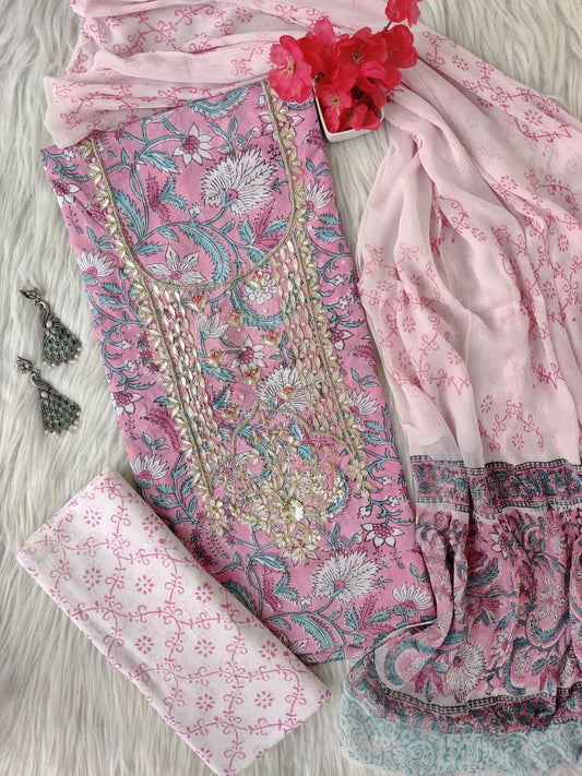 FLORAL PRINTED COTTON GOTA PATTI SUIT WITH CHIFFON DUPATTA