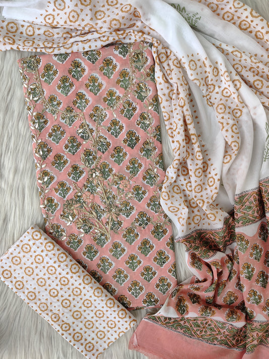 FLORAL PRINTED COTTON GOTA PATTI SUIT WITH COTTON DUPATTA