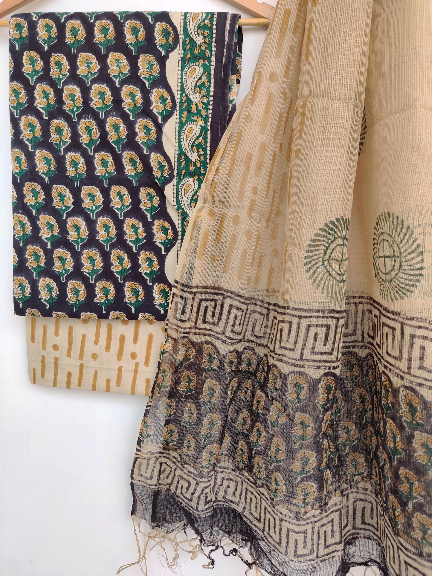 (KALAMKARI) Hand Block Printed Cotton Suit with Cotton Kota Doria dupatta3