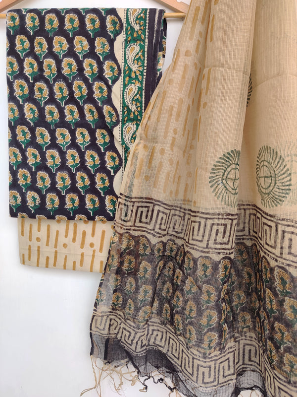 (KALAMKARI) Hand Block Printed Cotton Suit with Cotton Kota Doria dupatta3