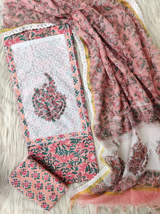 HANDBLOCK PRINTED BOOTA PRINT WORK SUITS WITH KOTA DORIA DUPATTA
