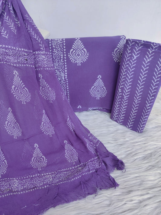 Hand Block Printed Cotton Suit with Pure Chiffon dupatta