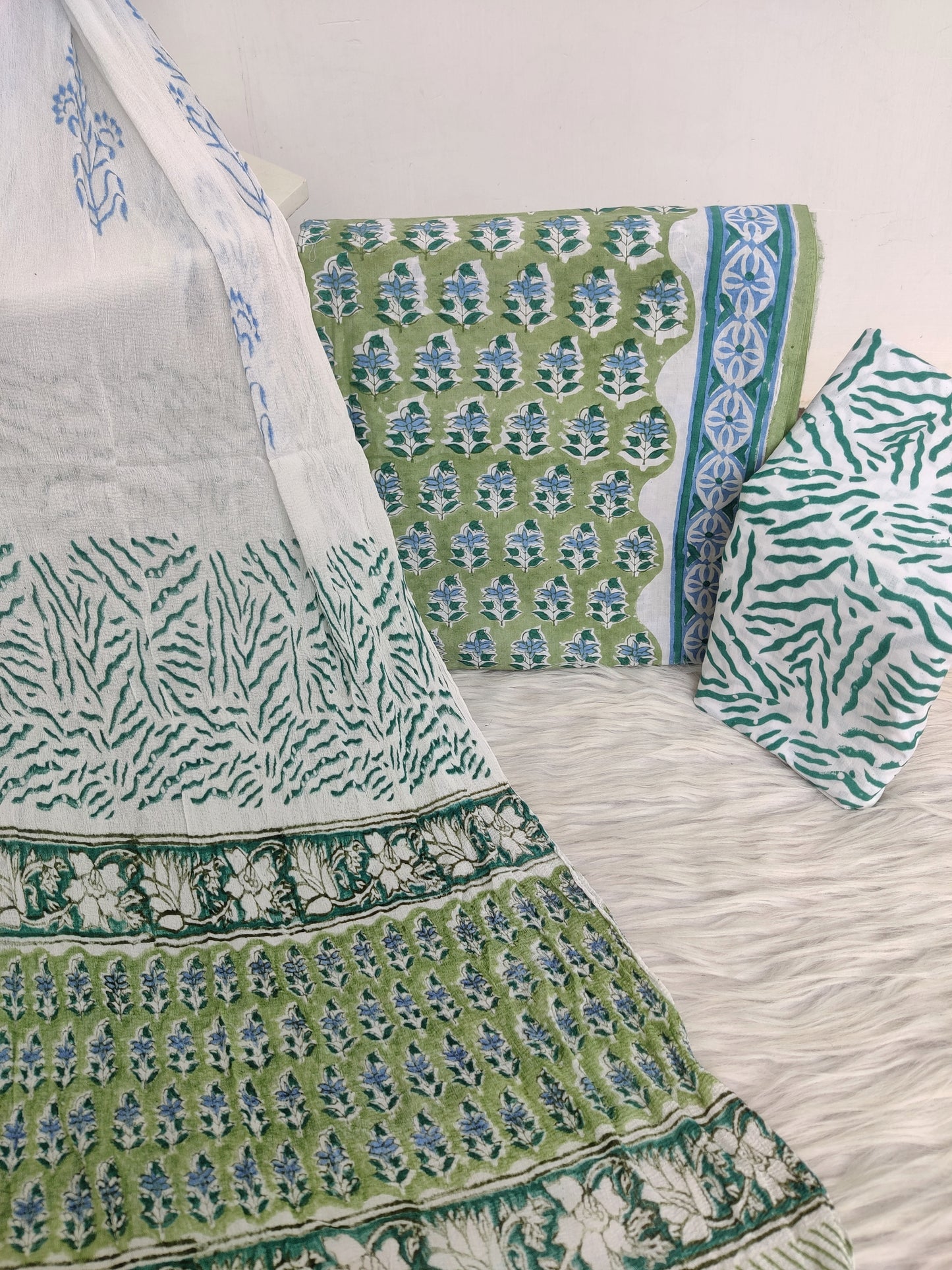 Hand Block Printed Cotton Suit with Pure Chiffon dupatta