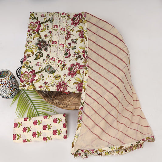 Cotton Printed Neck Work Suits with Chiffon dupatta