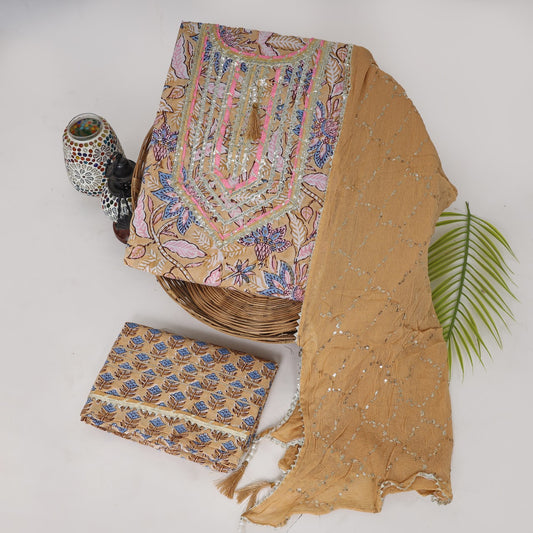 (SALE) Cotton Printed Neck Work Suits with Chiffon dupatta