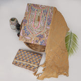 (SALE) Cotton Printed Neck Work Suits with Chiffon dupatta