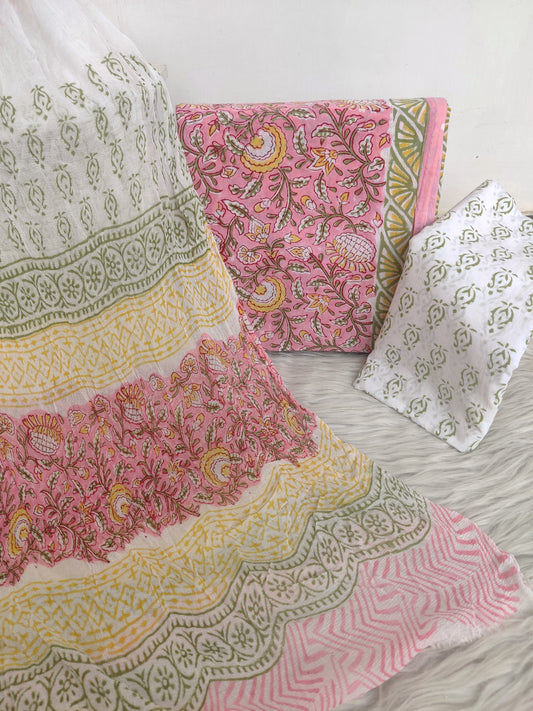 HAND BLOCK PRINTED COTTON SUIT WITH PURE CHIFFON DUPATTA