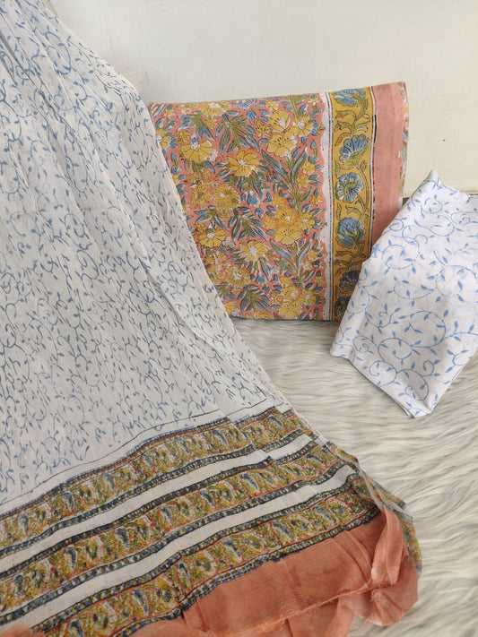 HAND BLOCK PRINTED COTTON SUIT WITH PURE CHIFFON DUPATTA