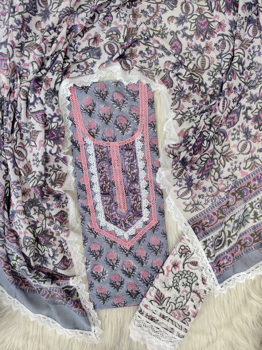 HAND BLOCK PRINTED CROCHET WORK SUITS WITH MULMUL DUPATTA