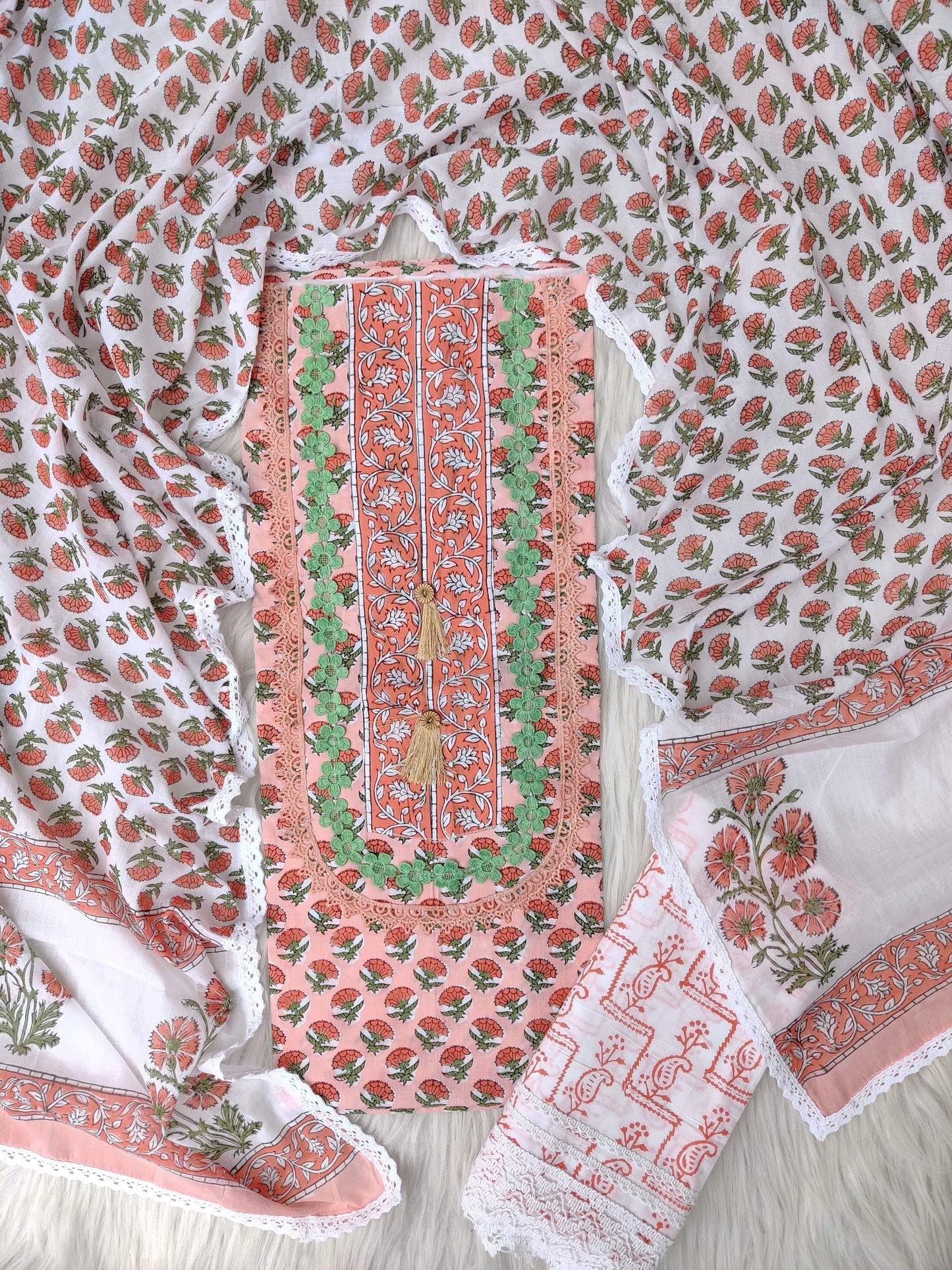 (SALE) HAND BLOCK PRINTED CROCHET WORK SUITS WITH MULMUL DUPATTA
