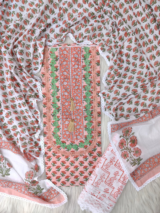 HAND BLOCK PRINTED CROCHET WORK SUITS WITH MULMUL DUPATTA