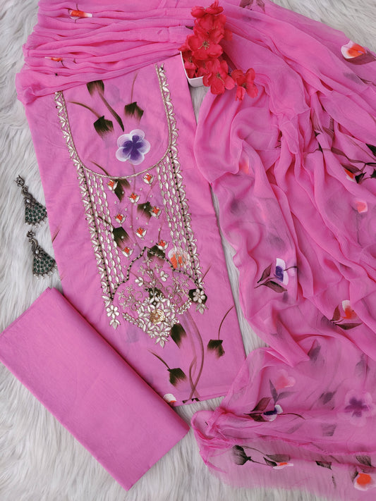 FLORAL PRINTED COTTON GOTA PATTI SUIT WITH CHIFFON DUPATTA
