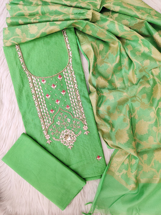 COTTON CHANDERI GOTA PATTI SUIT WITH BANARASI  SILK DUPATTA
