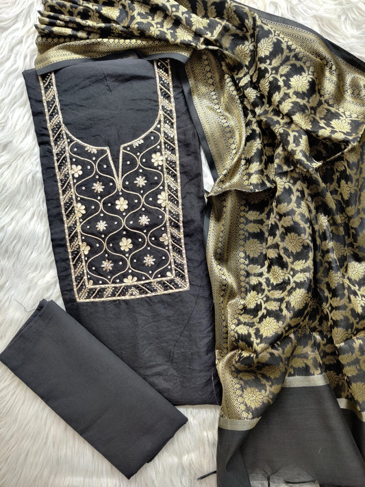 COTTON CHANDERI GOTA PATTI SUIT WITH BANARASI  SILK DUPATTA