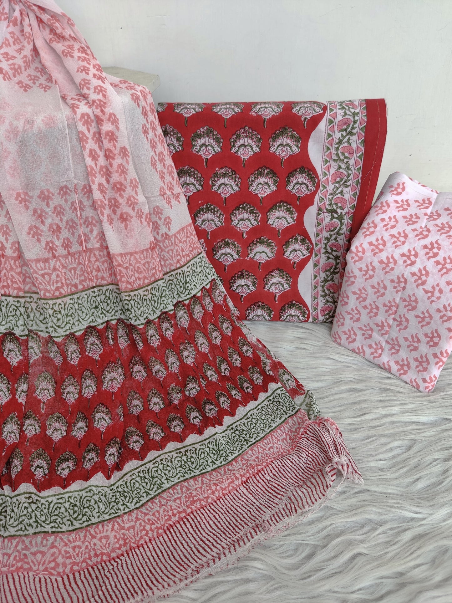 HAND BLOCK PRINTED COTTON SUIT WITH PURE CHIFFON DUPATTA