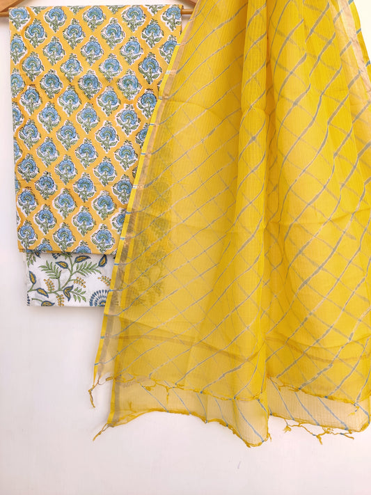 BLOCK PRINTED COTTON SUIT WITH LEHRIYA KOTA DORIA DUPATTA