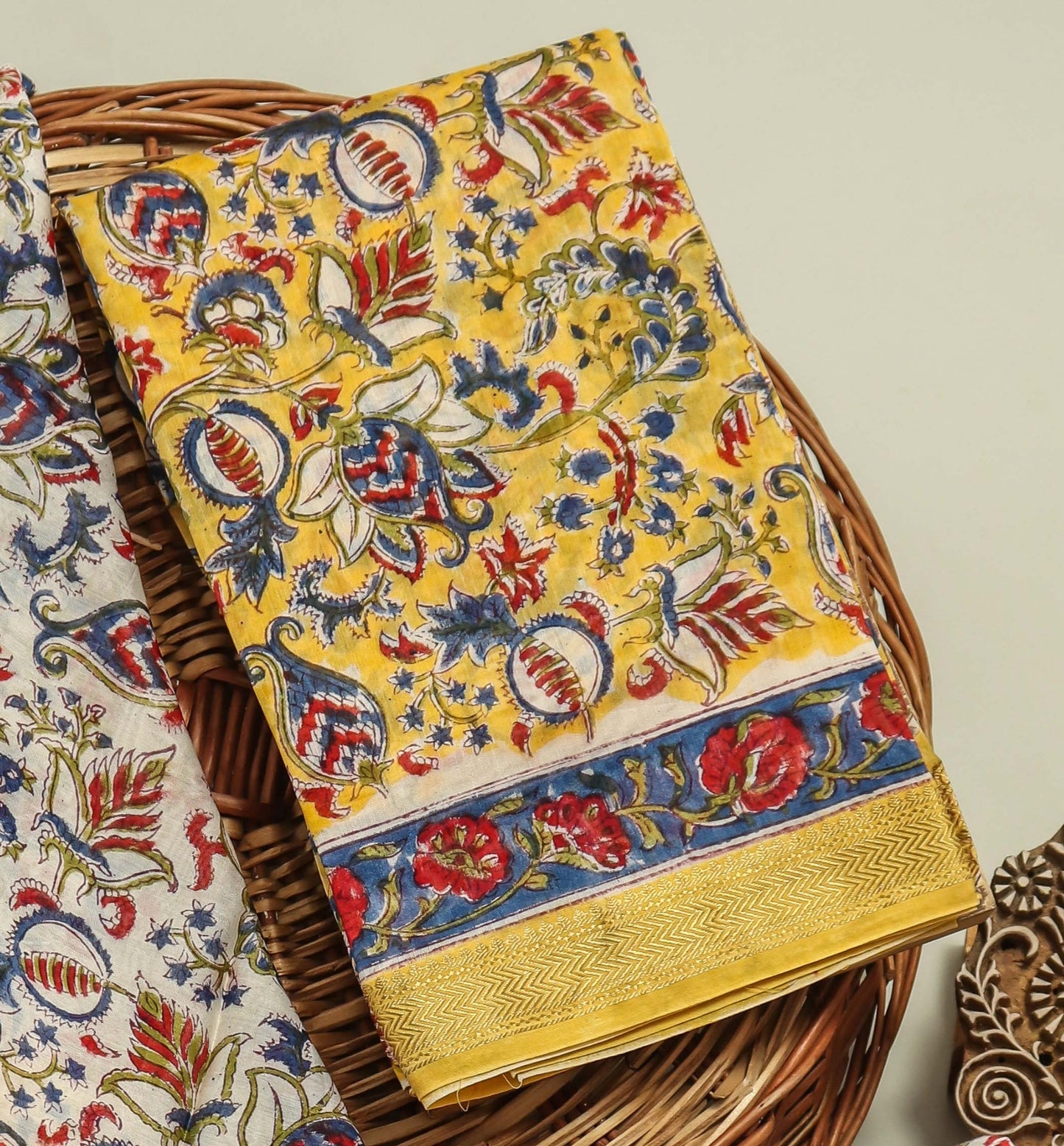 Hand Block Printed Maheshwari Silk Suit with Maheshwari Silk Dupatta