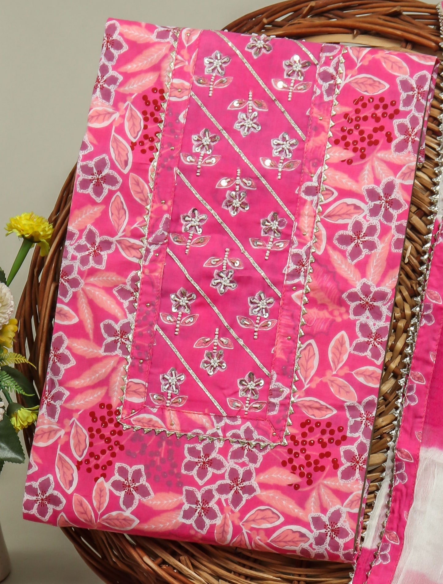 Cotton Printed Neck Work Suits with Chiffon dupatta