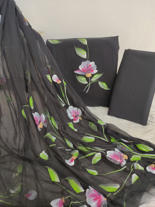 HAND PAINTED COTTON SUIT WITH PURE CHIFFON DUPATTA