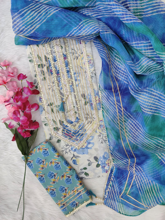 FLORAL PRINTED COTTON GOTA LACE SUIT WITH KOTA DORIA DUPATTA