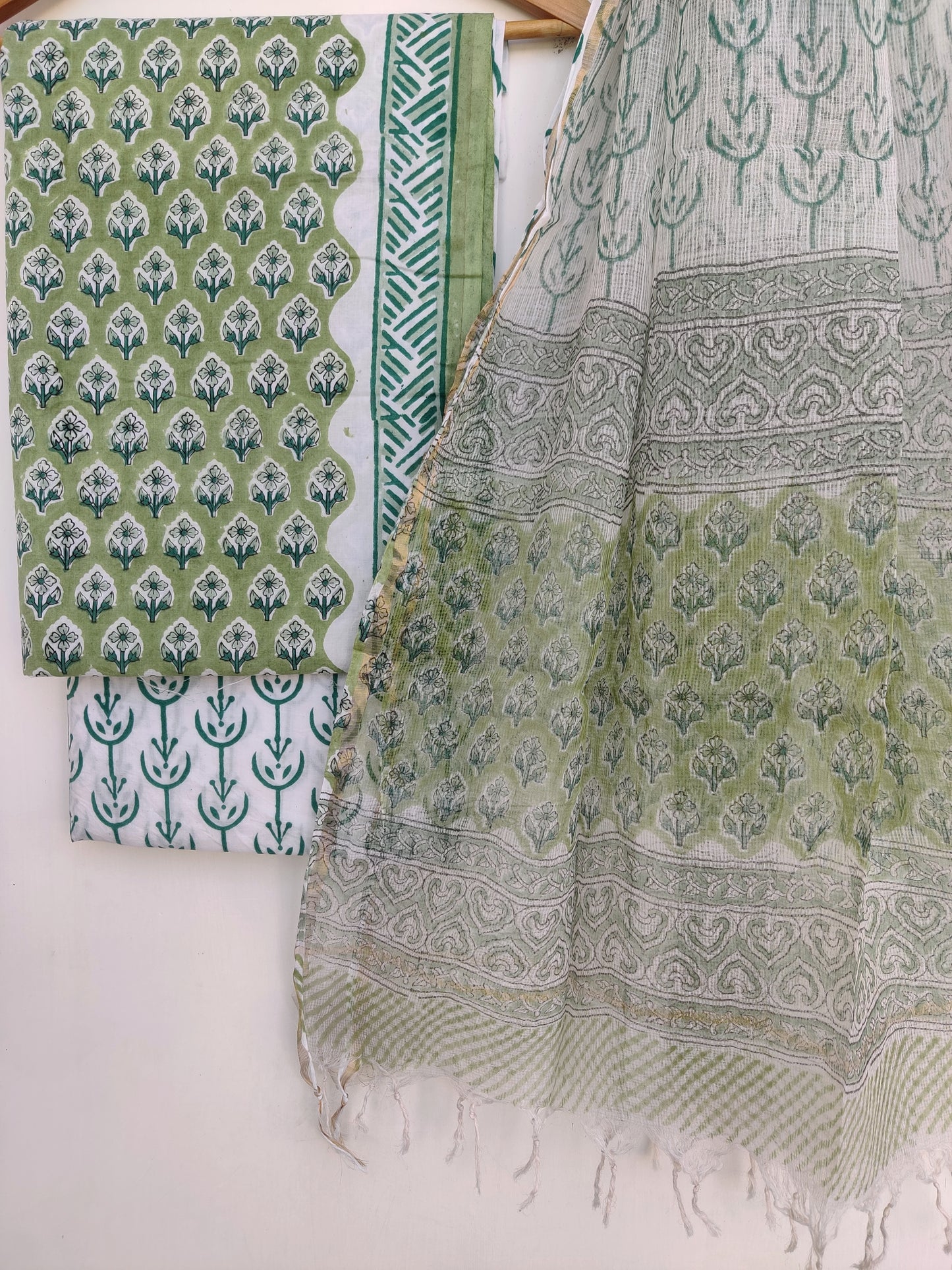 Hand Block Printed Cotton Suit with Cotton Kota Doria dupatta