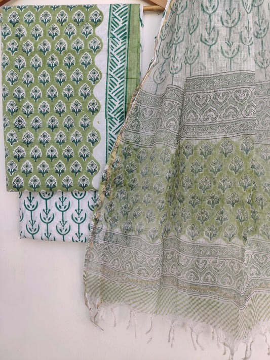 Hand Block Printed Cotton Suit with Cotton Kota Doria dupatta