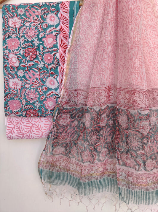 Hand Block Printed Cotton Suit with Cotton Kota Doria dupatta