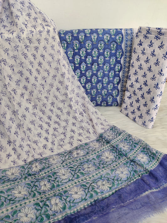 HAND BLOCK PRINTED COTTON SUIT WITH PURE CHIFFON DUPATTA