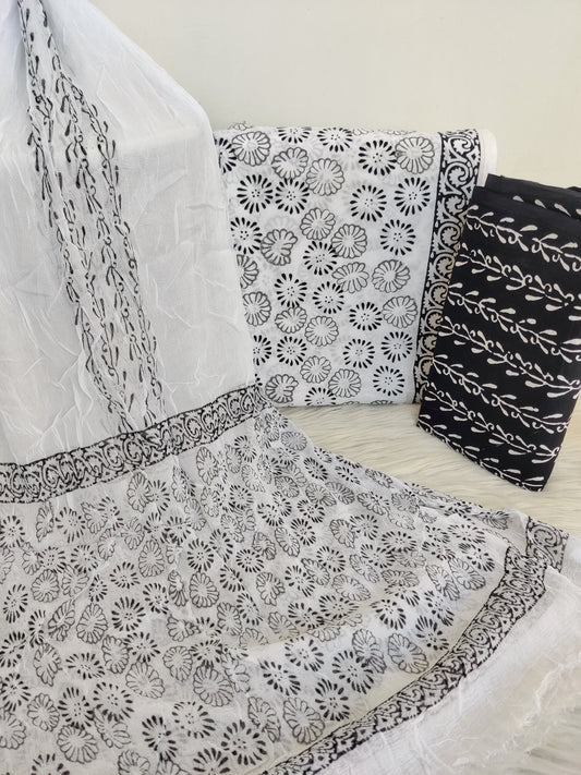(Black & White) HAND BLOCK PRINTED COTTON SUIT WITH PURE CHIFFON DUPATTA