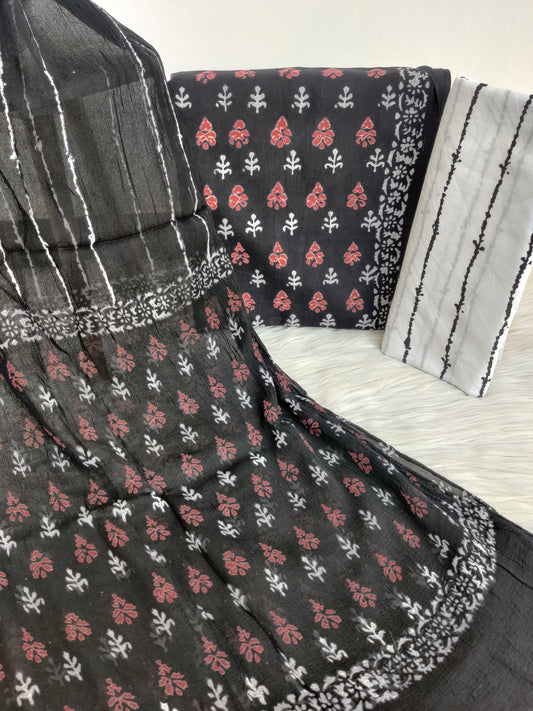 (Black & White) HAND BLOCK PRINTED COTTON SUIT WITH PURE CHIFFON DUPATTA