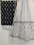(BLACK & WHITE) Hand Block Printed Cotton Suit with Cotton Kota Doria dupatta